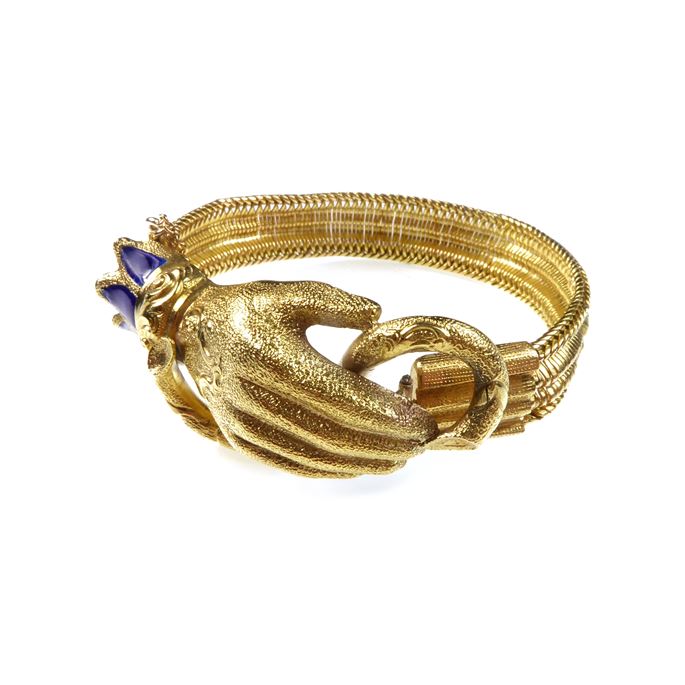 Woven gold bracelet with gold and enamel hand clasp | MasterArt